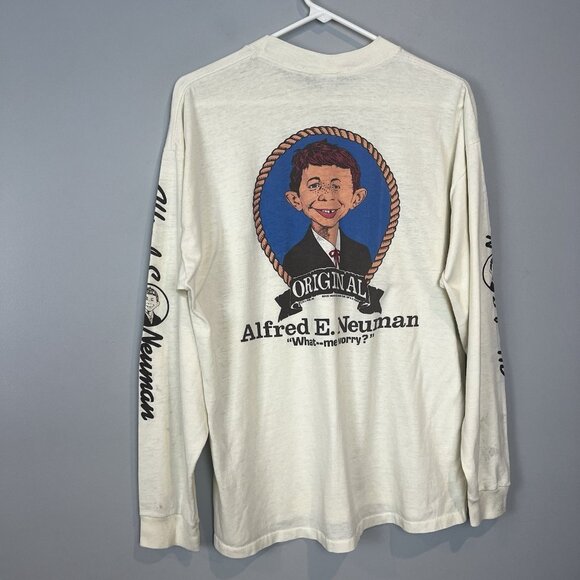 MAD Alfred E Neuman WHAT ME WORRY Long Sleeve T-Shirt Mens Size M/L Vtg Distress - Picture 2 of 16